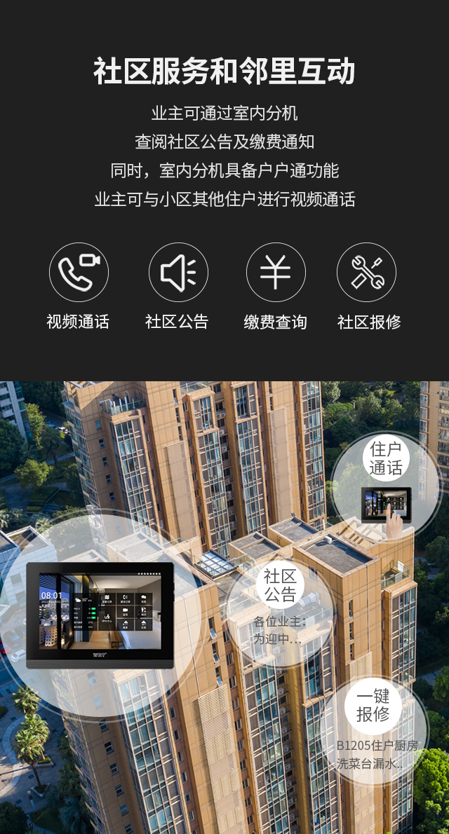 社區(qū)服務(wù)和鄰里互動(dòng) 業(yè)主可通過室內(nèi)分機(jī)查閱社區(qū)公告及繳費(fèi)通知，同時(shí)，室內(nèi)分機(jī)具備戶戶通功能，業(yè)主可與小區(qū)其他住戶進(jìn)行視頻通話