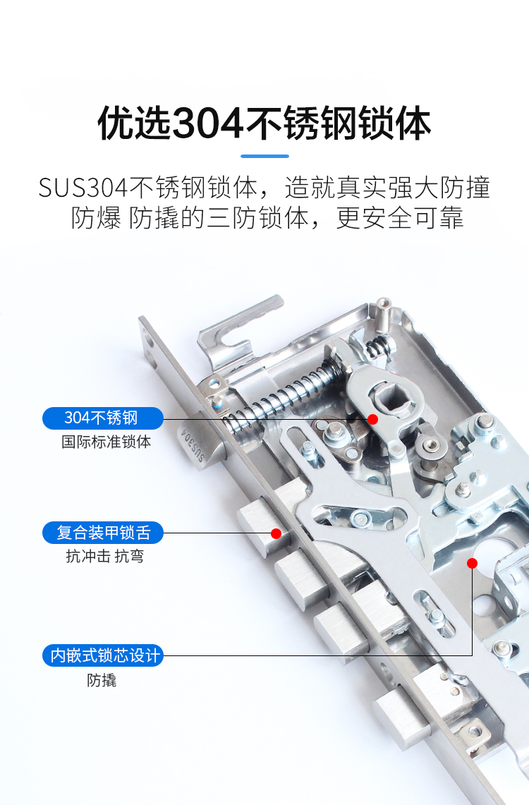 SUS304不銹鋼鎖體，造就真實(shí)強(qiáng)大防撞 防爆 防撬的三防鎖體，更安全可靠