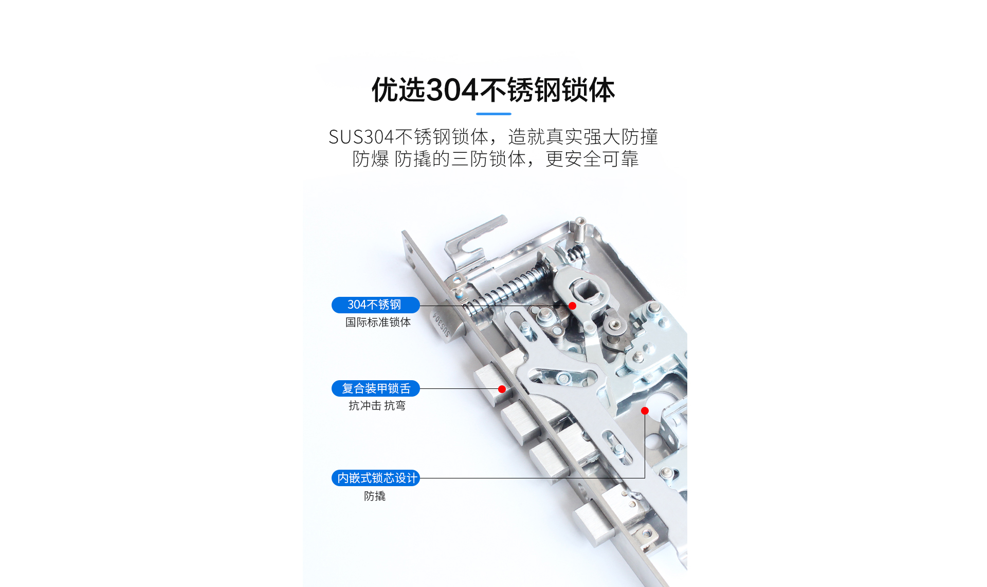 SUS304不銹鋼鎖體，造就真實(shí)強(qiáng)大防撞 防爆 防撬的三防鎖體，更安全可靠